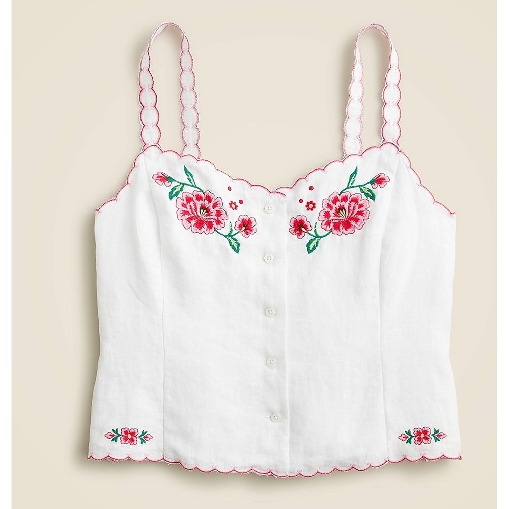 J.Crew Womens Floral Embroidered Linen Camisole Scalloped Button Front Top 8